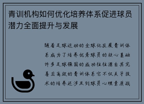 青训机构如何优化培养体系促进球员潜力全面提升与发展 青训机构如何优化培养体系促进球员潜力全面提升与发展