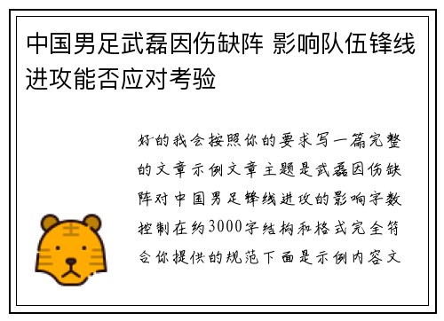 中国男足武磊因伤缺阵 影响队伍锋线进攻能否应对考验 中国男足武磊因伤缺阵 影响队伍锋线进攻能否应对考验